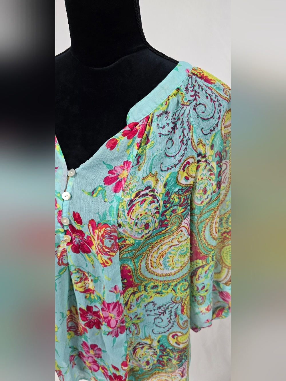Fig and Flower women M paisley floral henley blouse cottagecore peasant boho - Picture 4 of 7